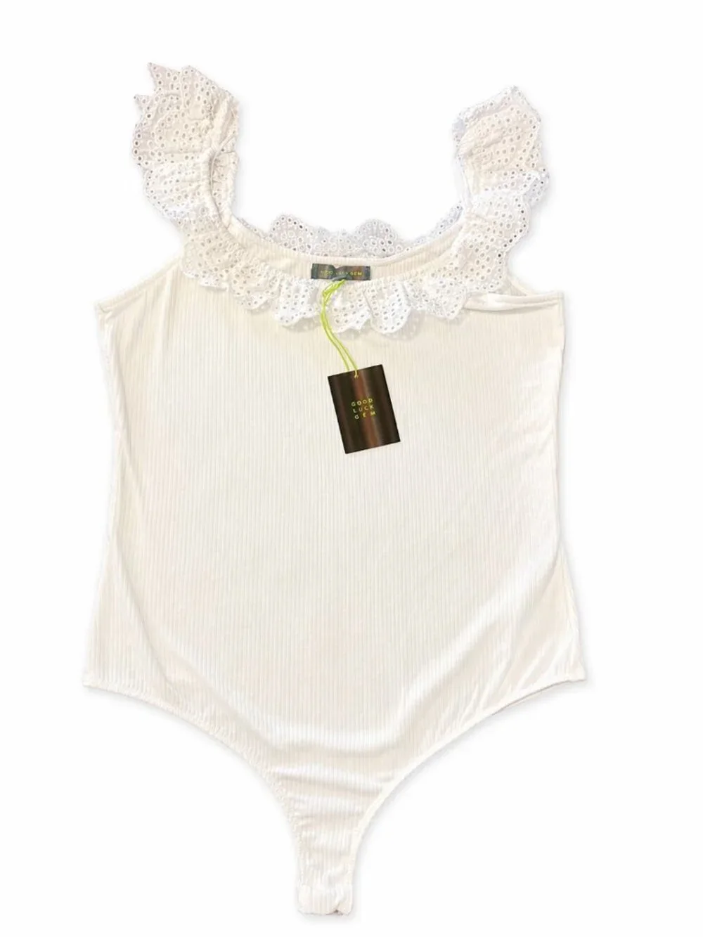Good Luck Gem White Lace Trim Ribbed Bodysuit Size L NWT - Picture 2 of 3